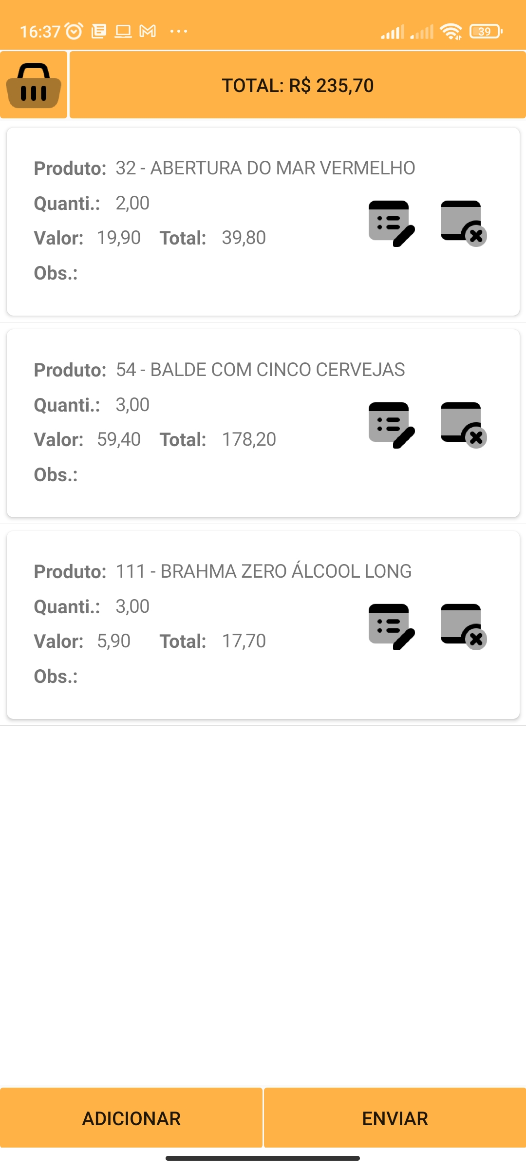Carrinho da comanda com ações de adicionar e enviar