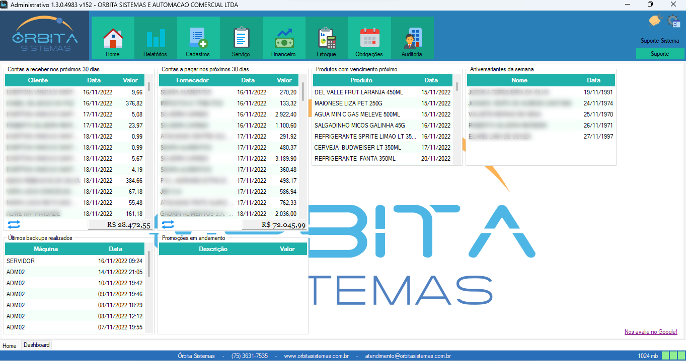 Tela inicial do sistema administrativo