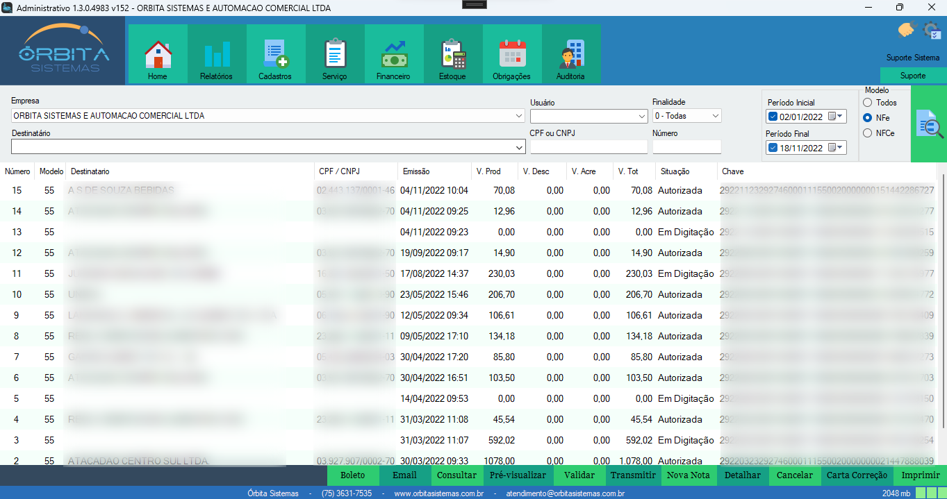 Gerenciamento de NF-e no sistema