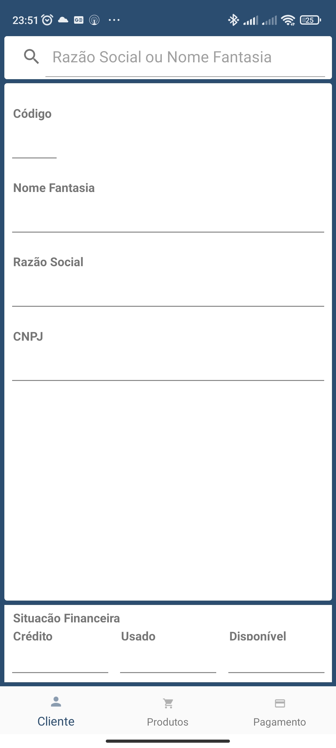 Tela de pedido ou vendas no aplicativo