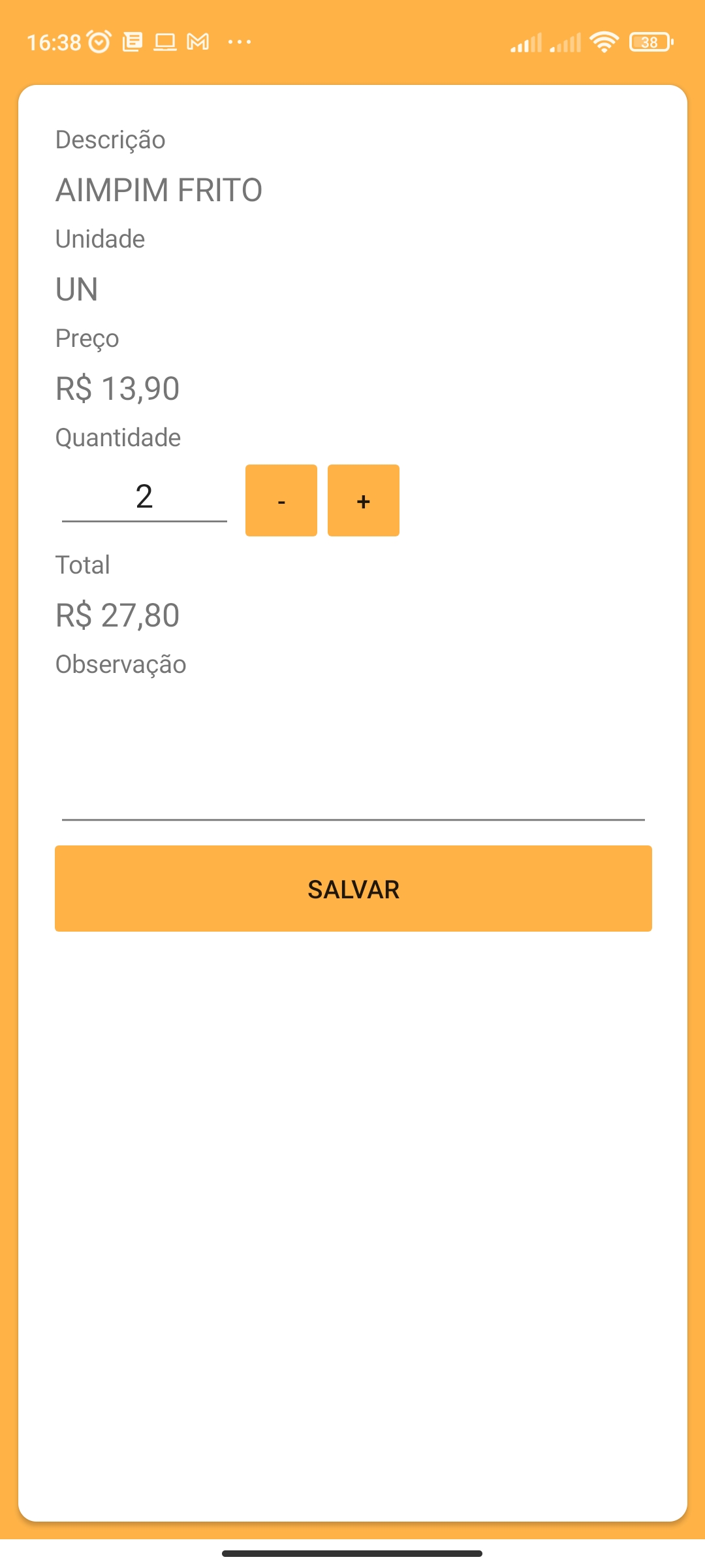 Detalhe do produto com quantidade e total