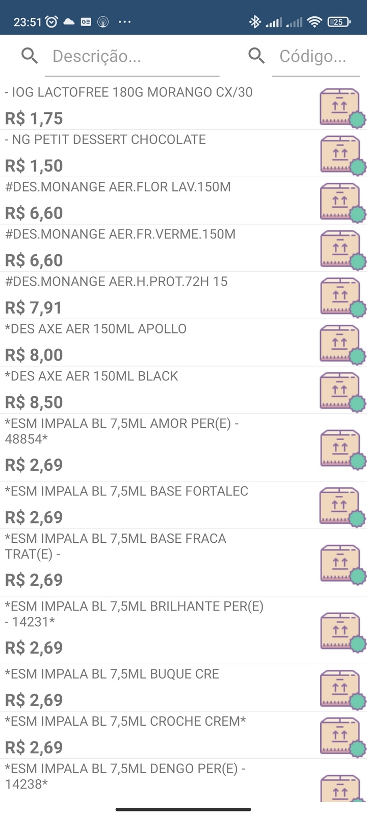 Lista de produtos para venda externa