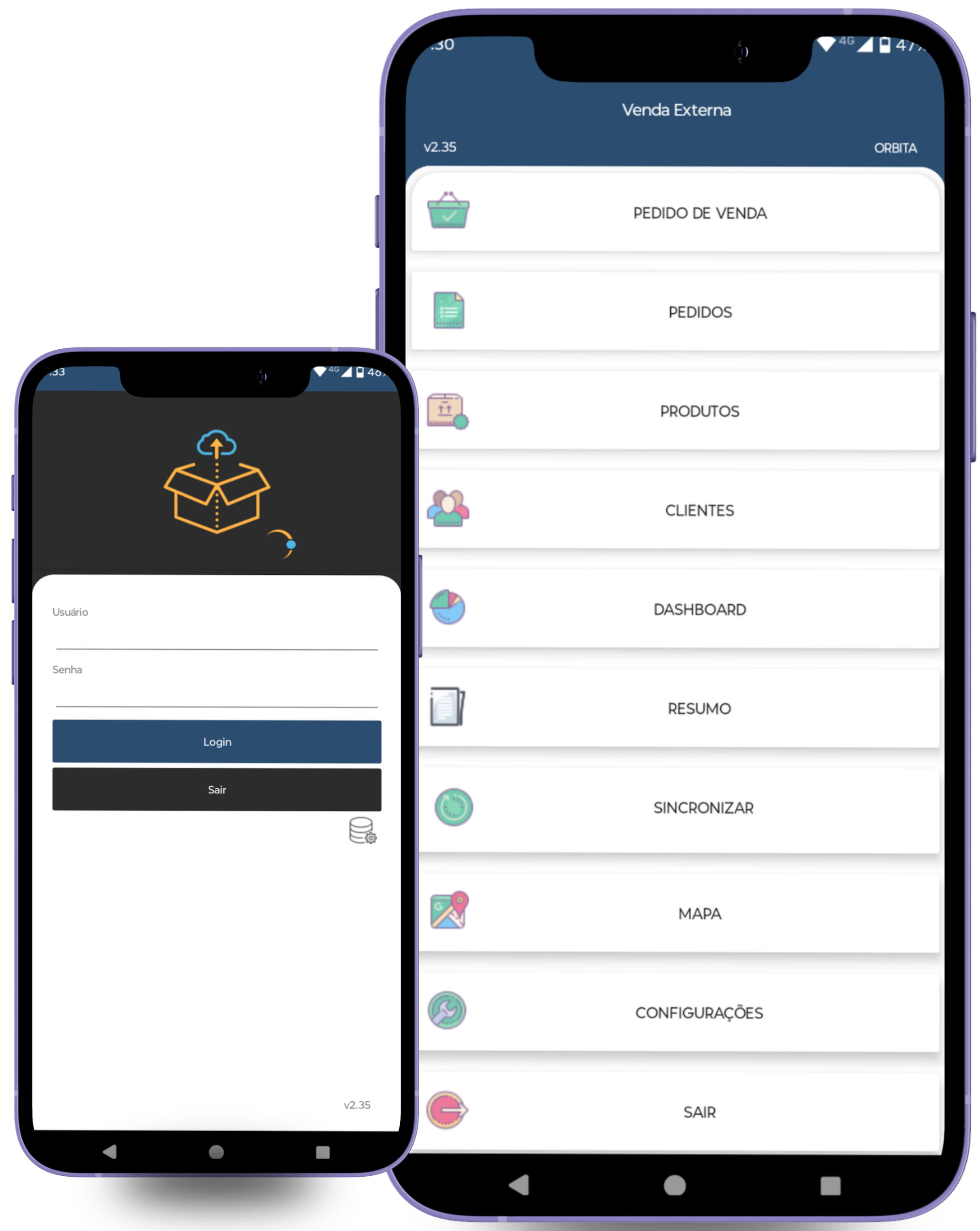 Aplicativo Venda Externa — login e menu principal